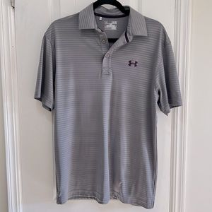 Under Armour Gray shirt sleeve collared shirt with deep grape purple logo. Sz M